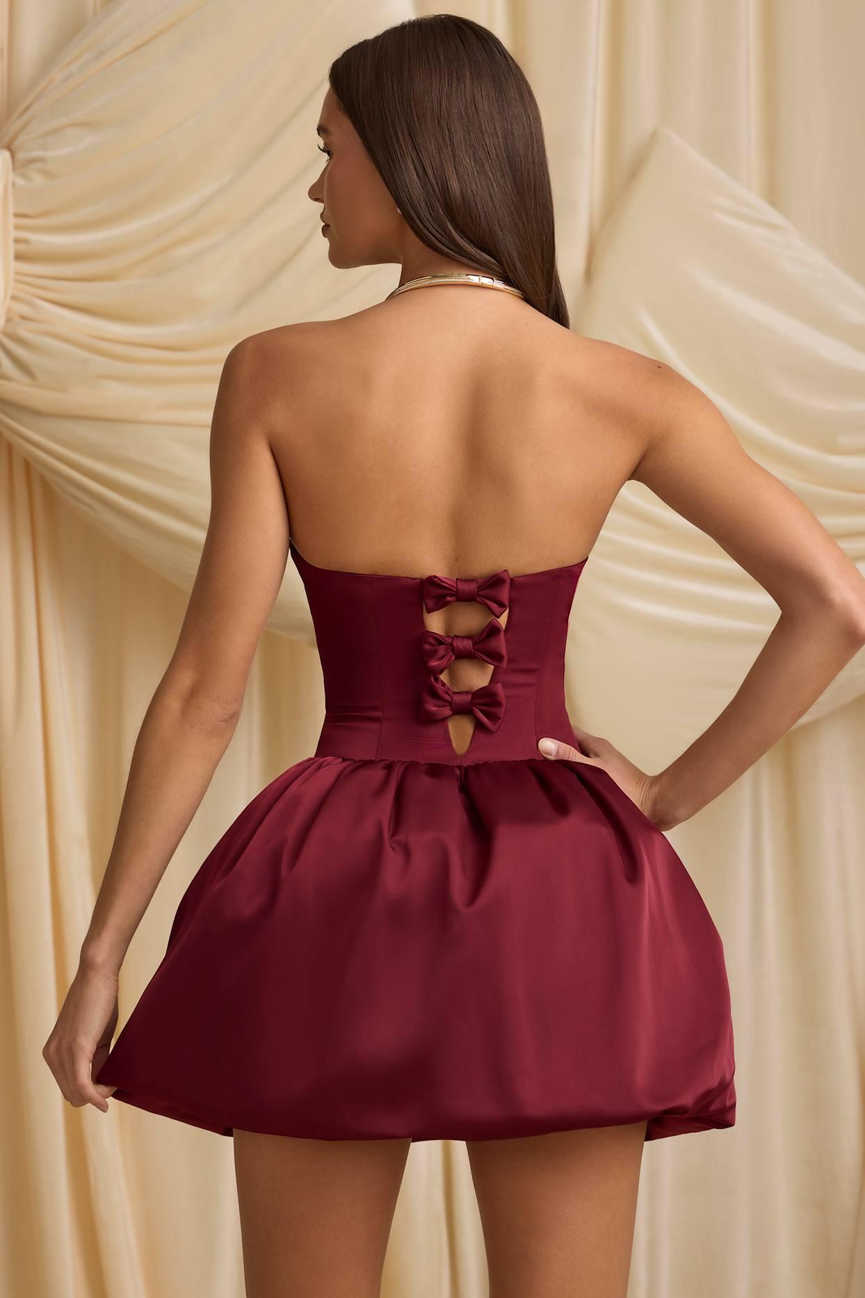 Convertible Bow-Detail Bubble Hem Midaxi Dress in Wine Red Product Image