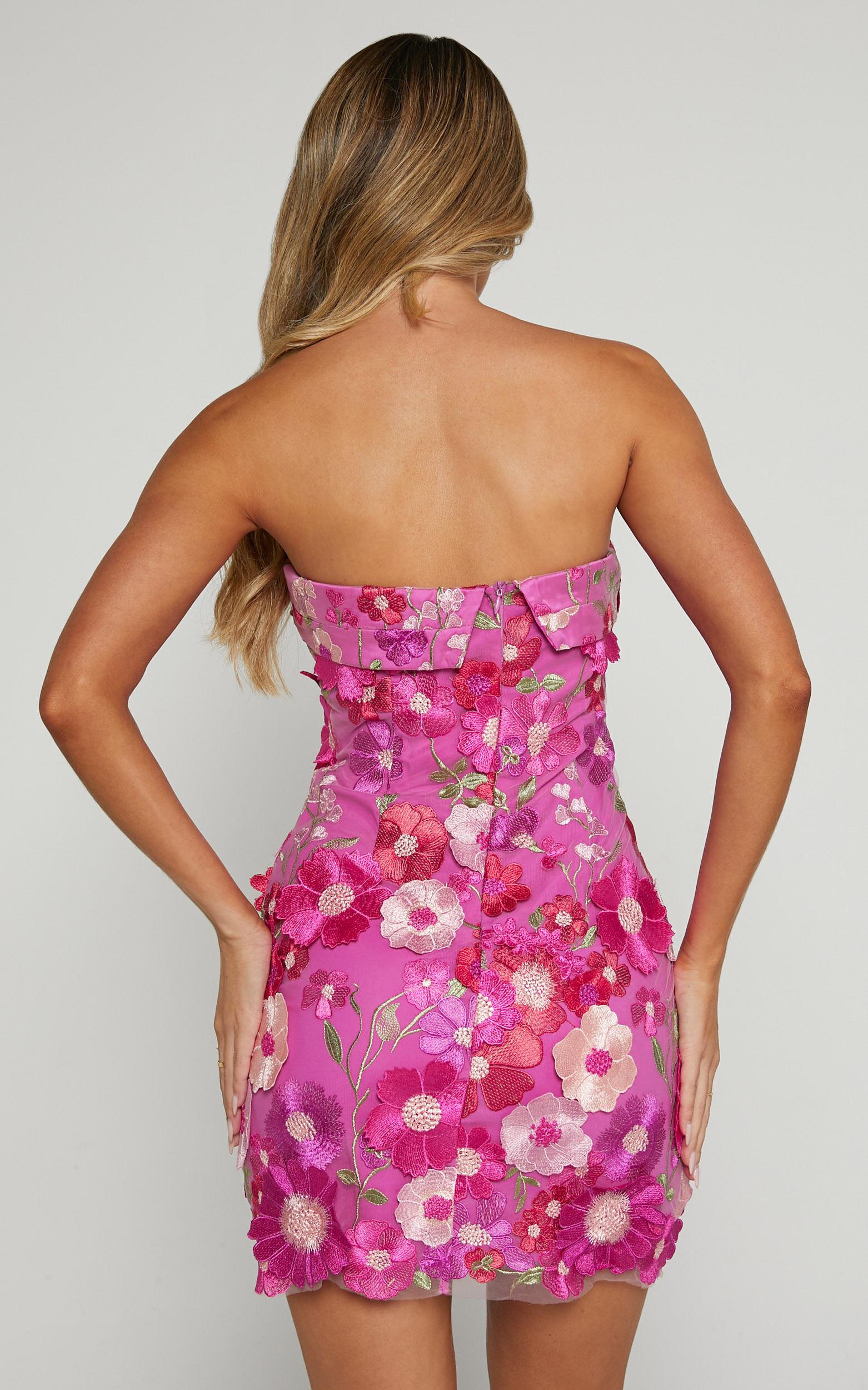 Wren Mini Dress - Strapless Bodycon Garden Flowers Dress in Magenta Product Image