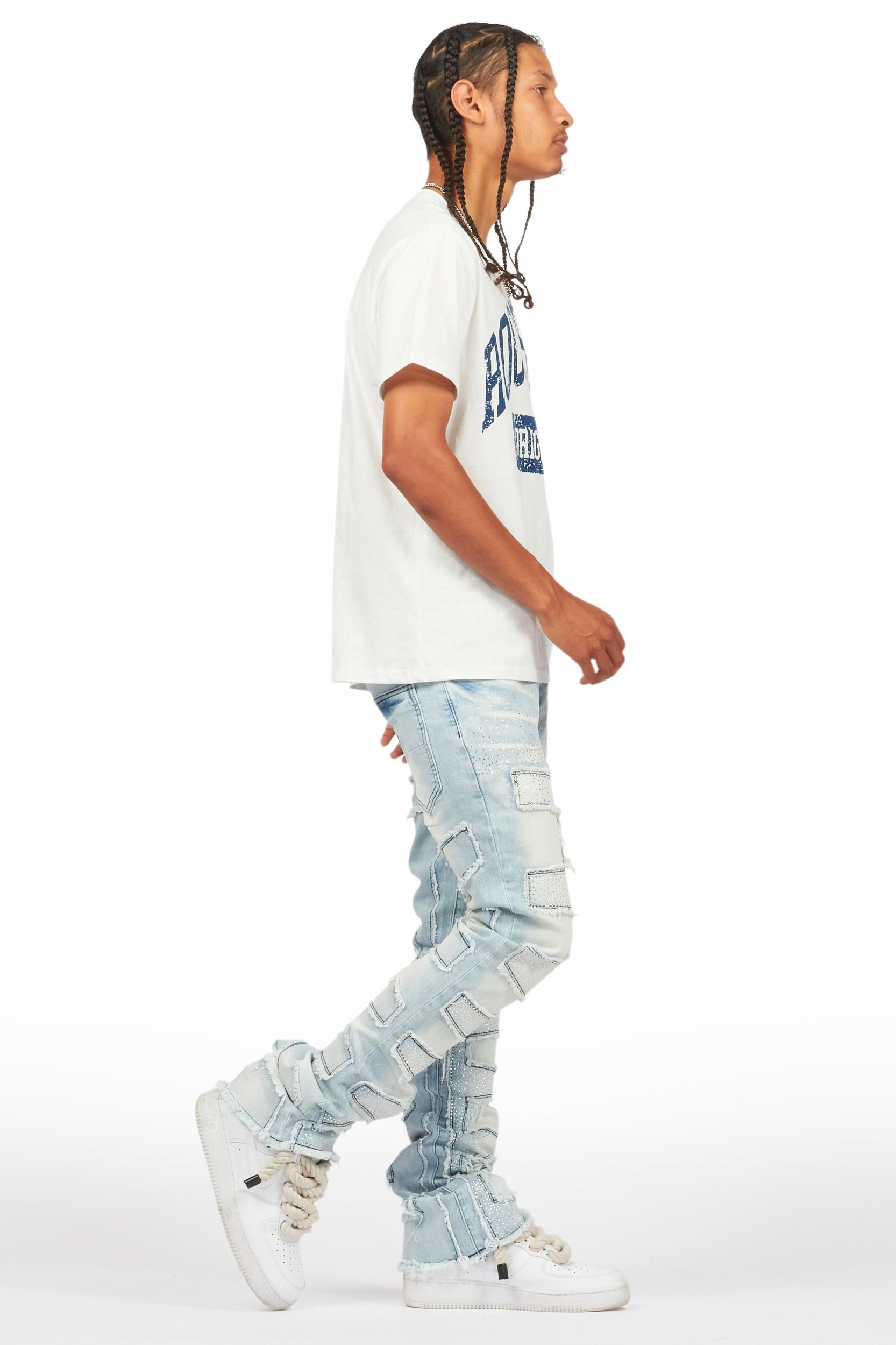 Shake Light Blue Rhinestone Stacked Flare Jean Male Product Image