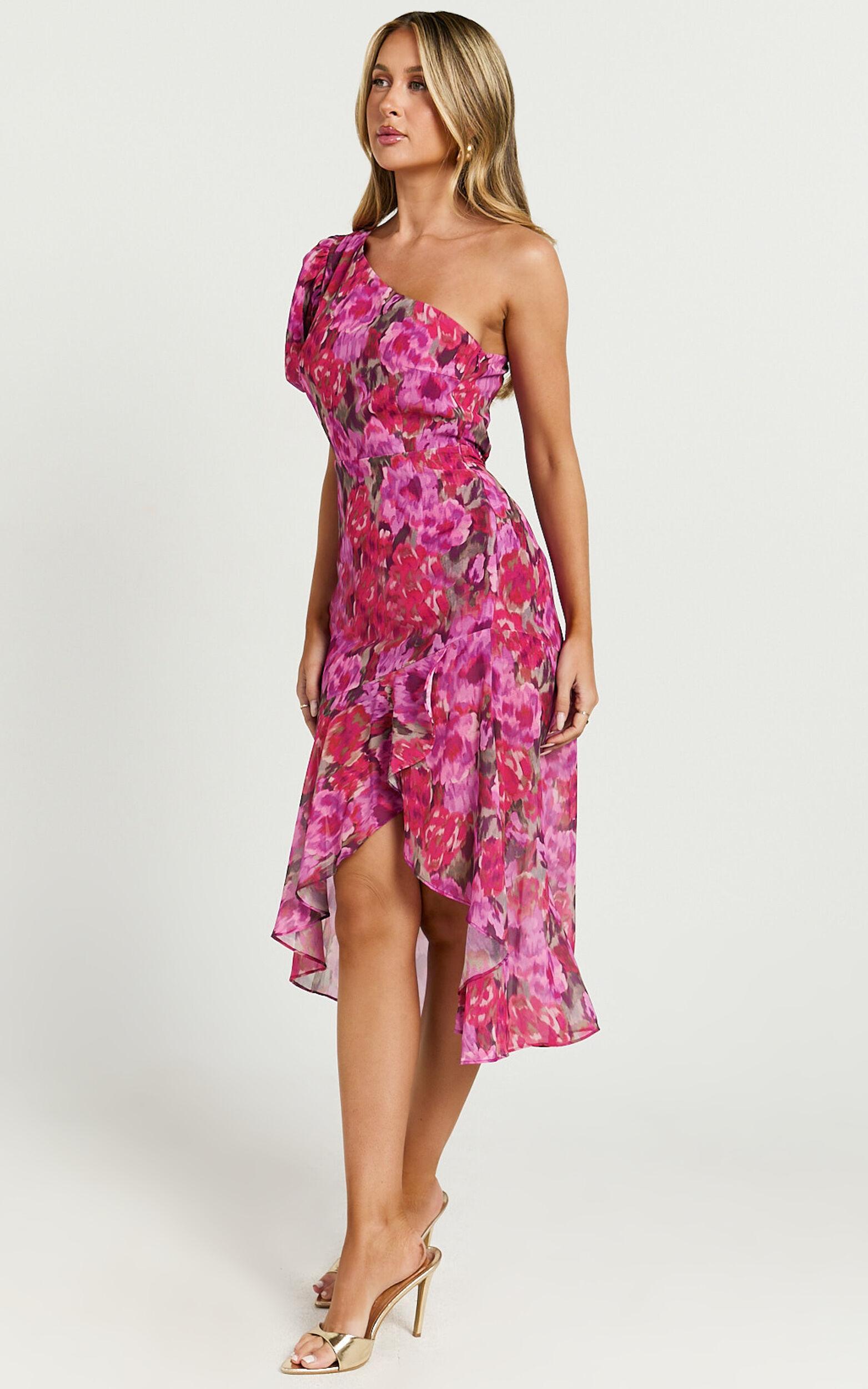 Clabelle Midi Dress - One Shoulder Ruffle Tulip Hem Dress in Violette Blur Floral Product Image