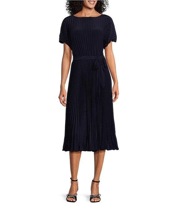Marina Boat Neck Short Sleeve Pleated Tie Waist Midi Dress Product Image