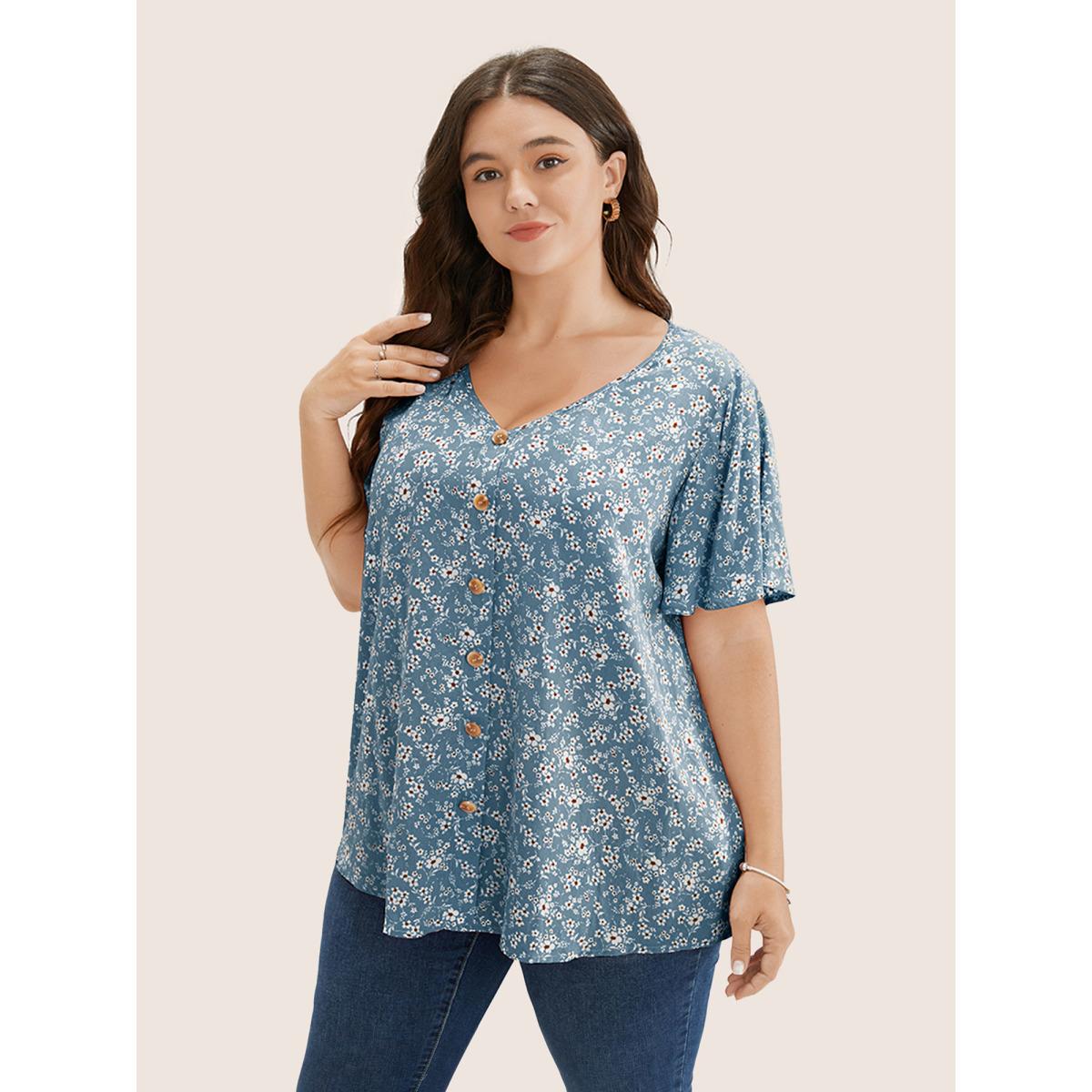 Plus Size Stone Ditsy Floral Contrast Ruffle Sleeve Button Detail Blouse Women Elegant Short sleeve Non Everyday Blouses BloomChic 18-20/2X Product Image