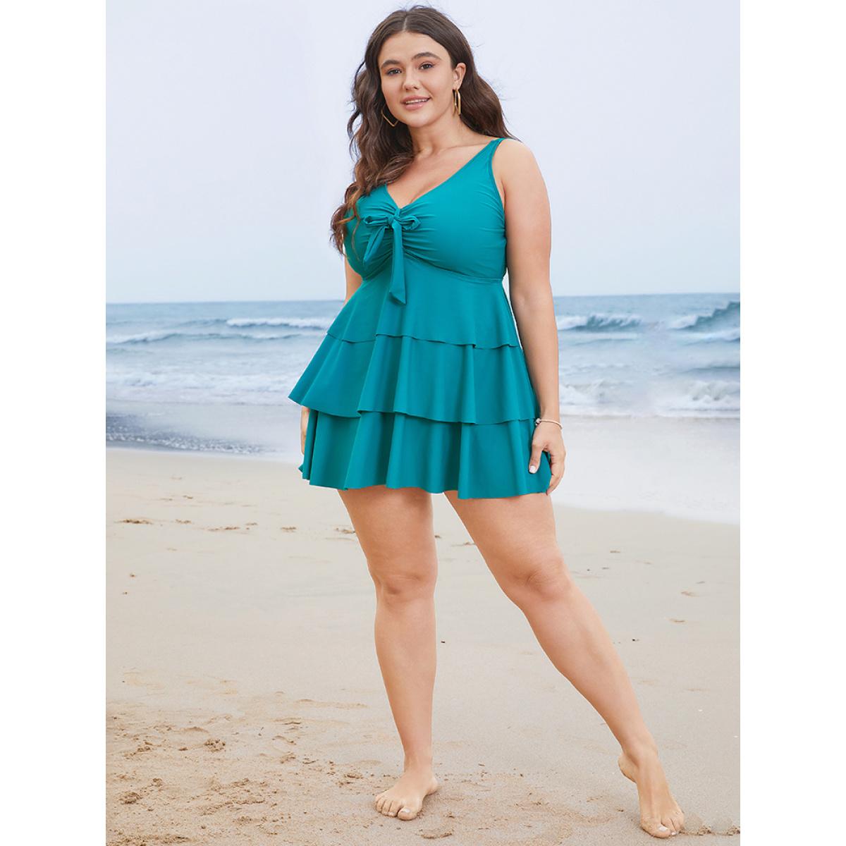 Plus Size Ruched Ruffle Tiered Knot Front Swim Dress Women's Swimwear Cerulean Vacation Bodycon V-neck High stretch Curve Swim Dresses BloomChic 18-20/2X Product Image