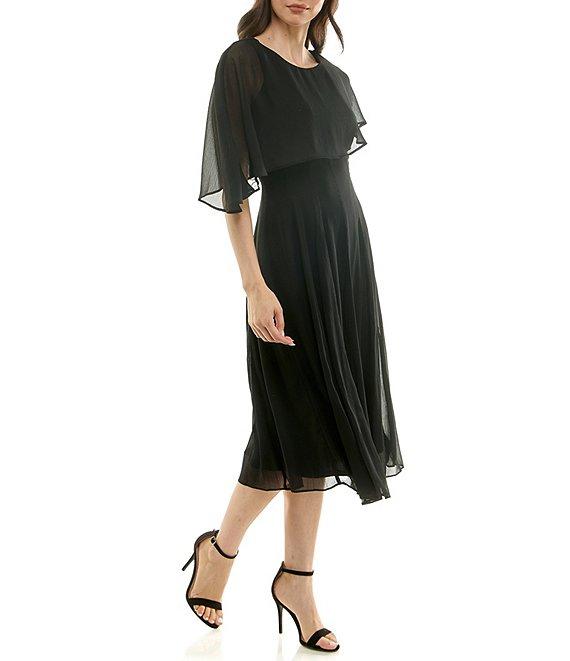 Moda Tara Crinkle Chiffon Asymmetrical Capelet Sleeve Midi Dress Product Image