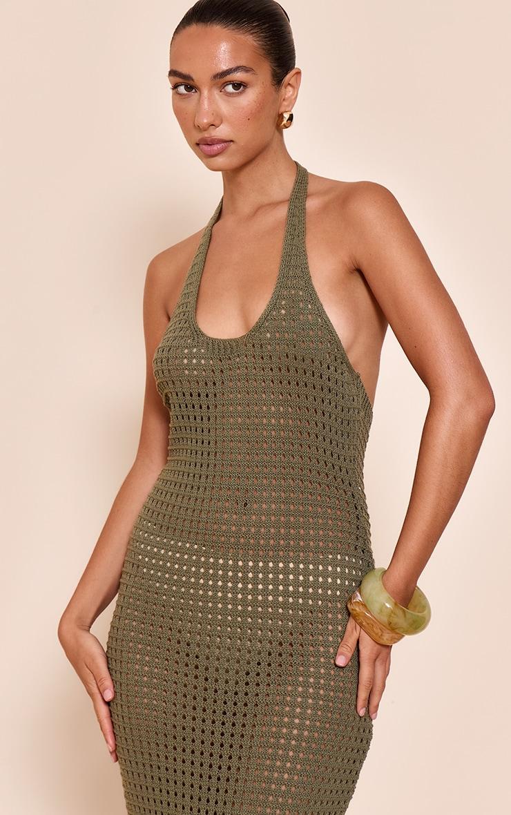 Khaki Crochet Halter Maxi Dress Product Image