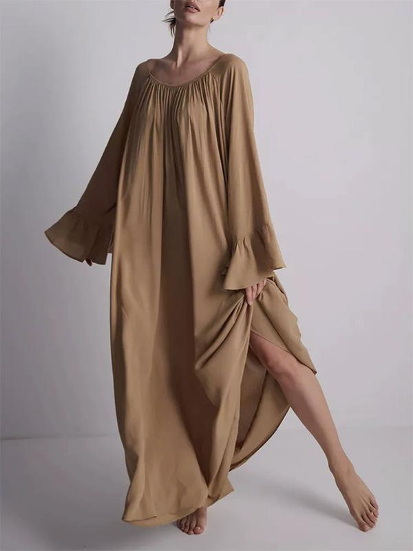 Flared Sleeves Loose Pleated Solid Color Split-Joint Round-Neck Maxi Dresses Product Image