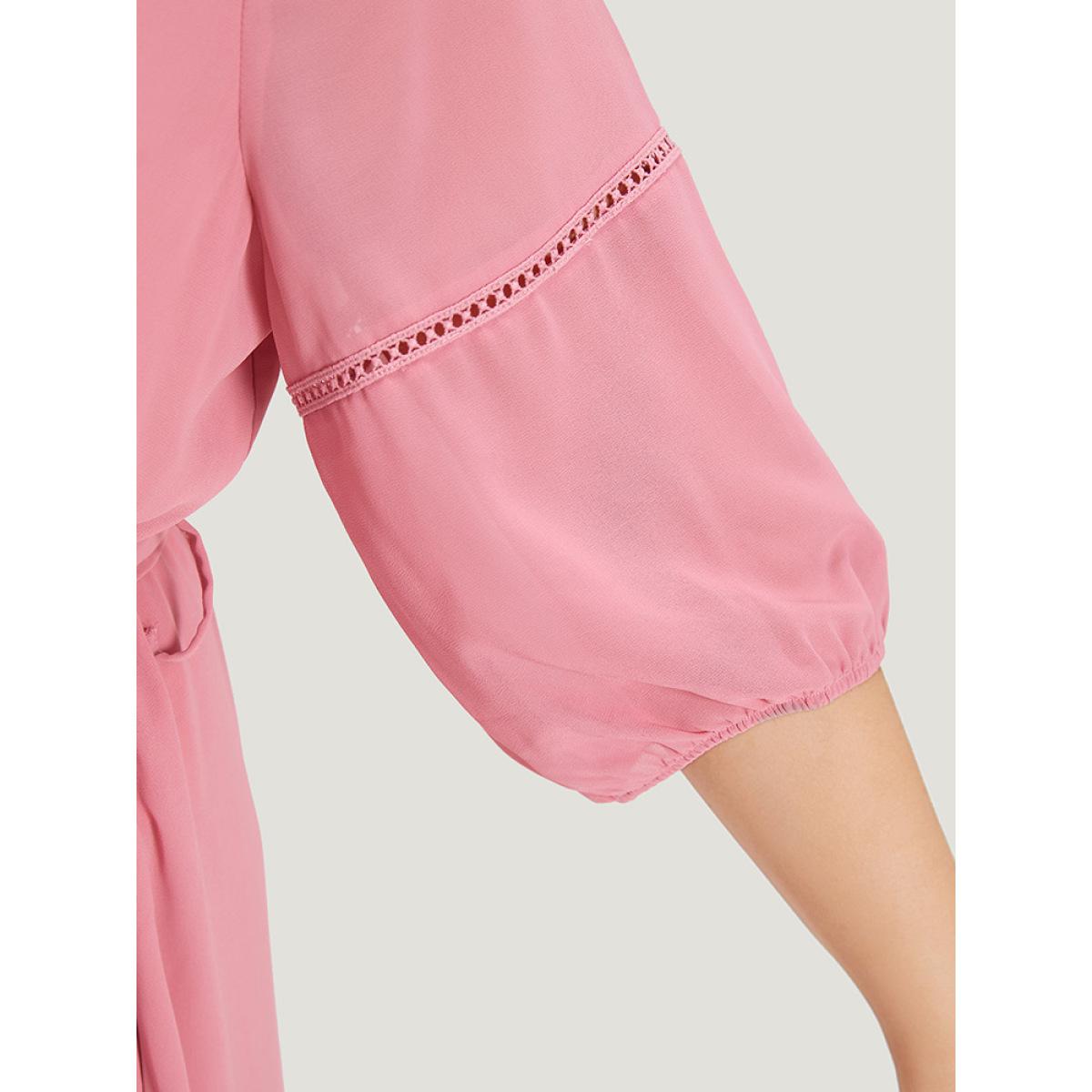 Plus Size Lace Panel Ruffle Trim Belted Lantern Sleeve Dress Pink Women Vacation Patchwork V-neck Elbow-length sleeve Curvy Knee Dress BloomChic 26/4X Product Image