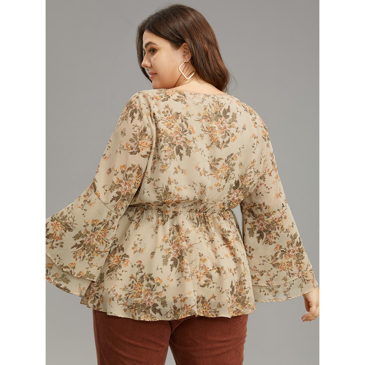 Plus Size Apricot Floral Wrap Tiered Ruffles Bell Sleeve Blouse Women Elegant Long Sleeve V-neck Everyday Blouses BloomChic 14-16/1X Product Image