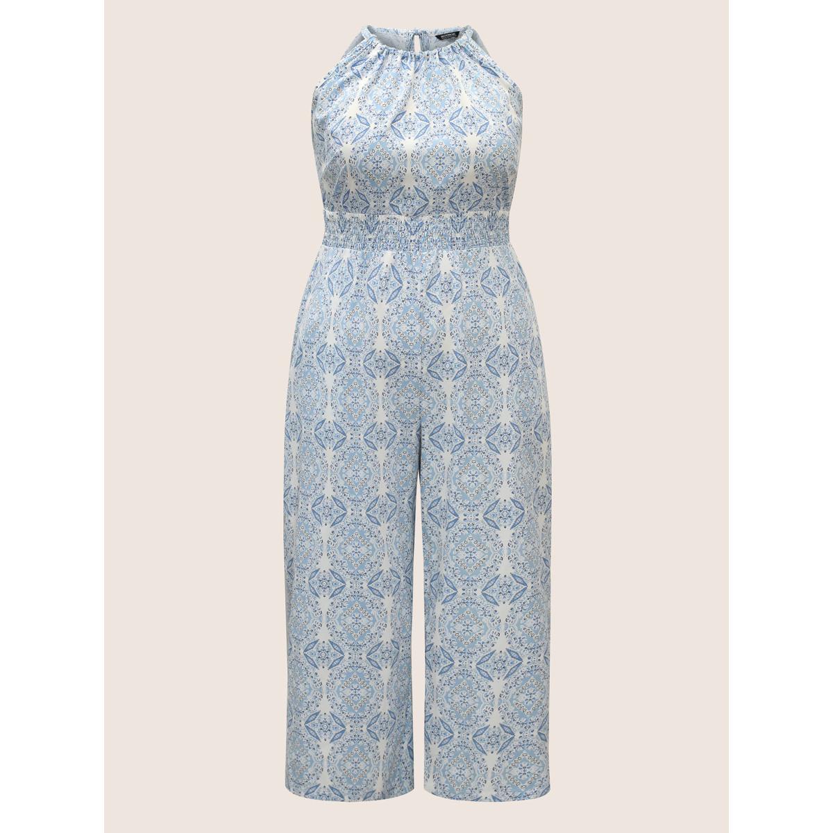 Plus Size LightBlue Halter Boho Print Shirred Gathered Jumpsuit Women Resort Sleeveless Halter neck Vacation Loose Jumpsuits BloomChic 22-24/3X Product Image