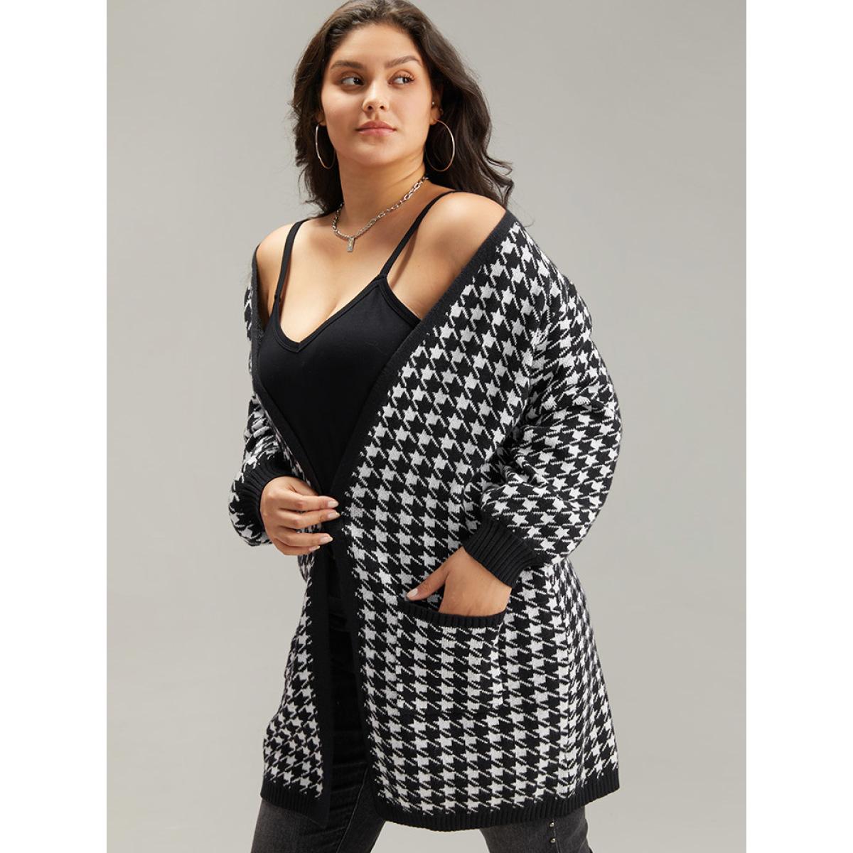 Plus Size Supersoft Essentials Houndstooth Pocket Elastic Cuffs Cardigan Black Women Casual Loose Long Sleeve Dailywear Cardigans BloomChic 14-16/1X Product Image
