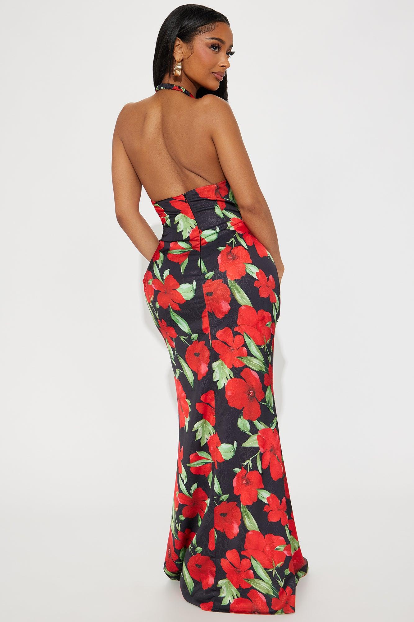 Tia Satin Floral Maxi Dress - Red/combo Product Image