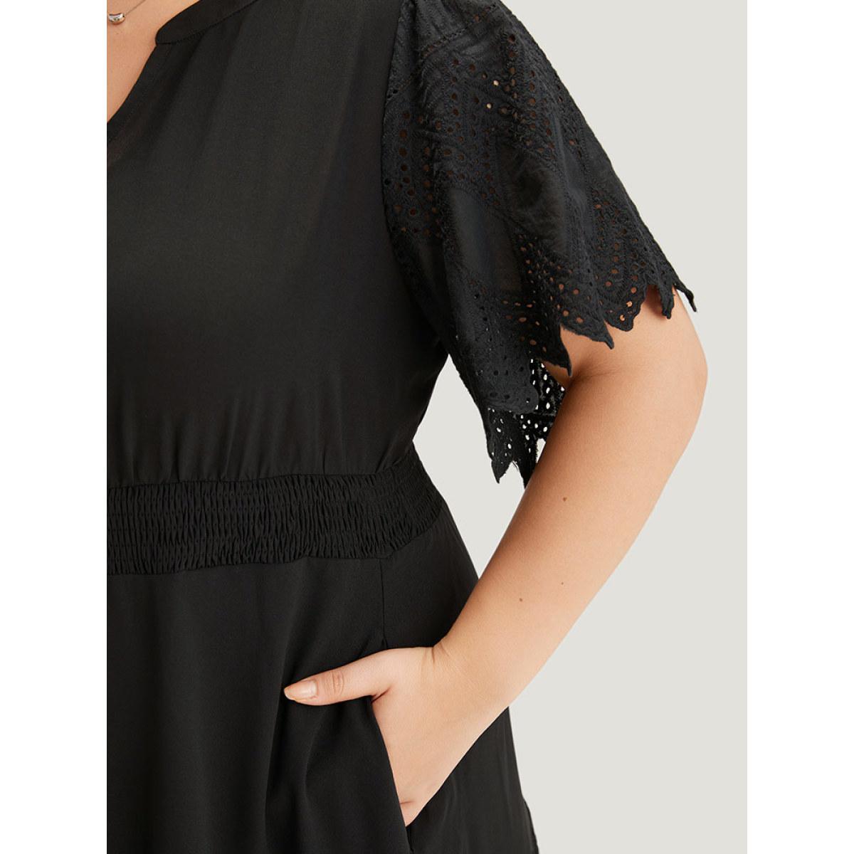 Plus Size Solid Laser Cut Pocket Notched Dress Black Women Elegant Plain Notched collar Short sleeve Curvy Midi Dress BloomChic 14-16/1X Product Image