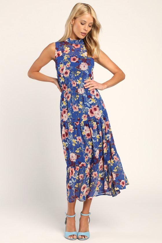 In My Dreams Blue Floral Print Midi Dress Product Image
