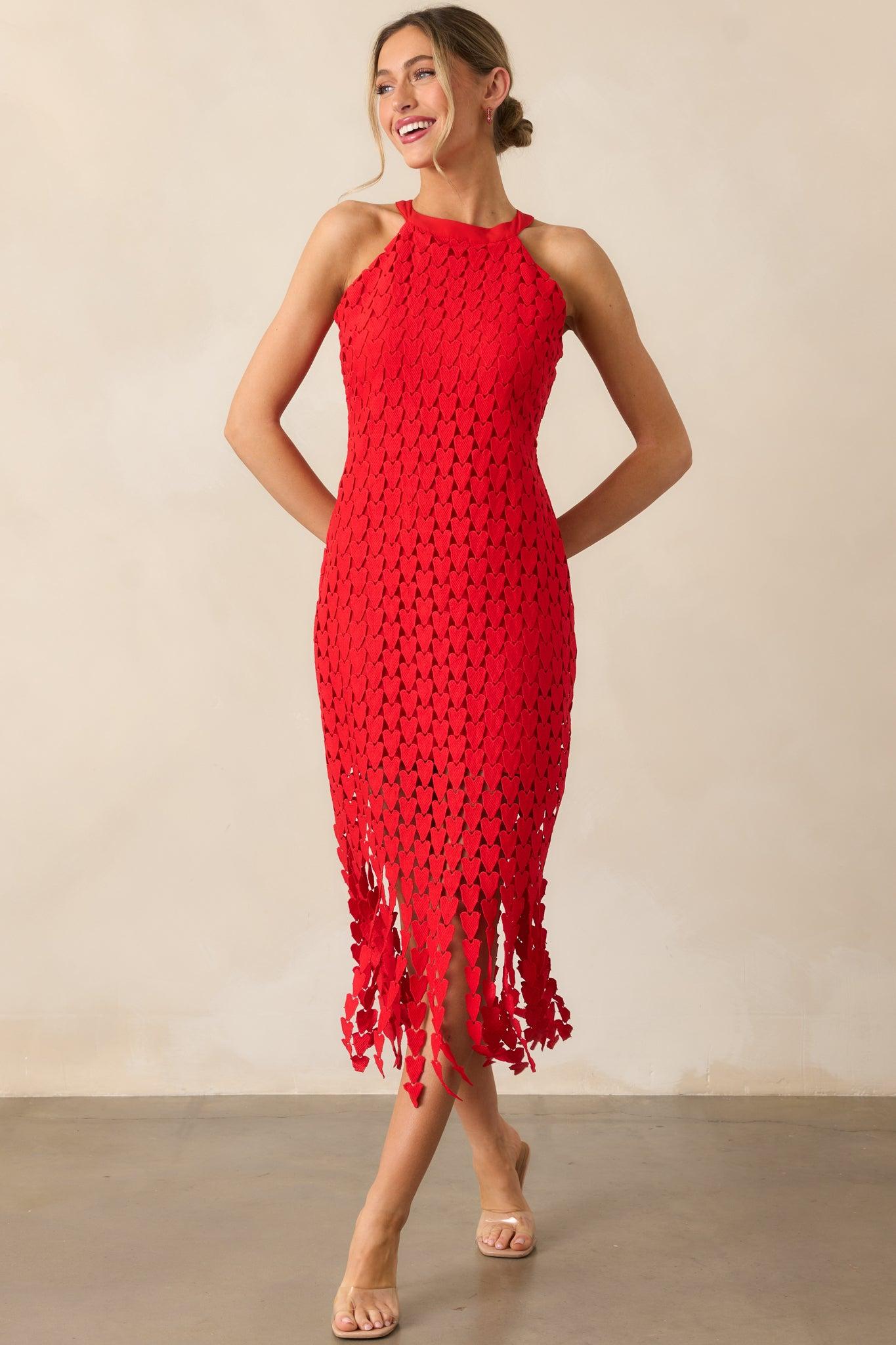 Heart On Display Red Heart Lace Midi Dress Product Image