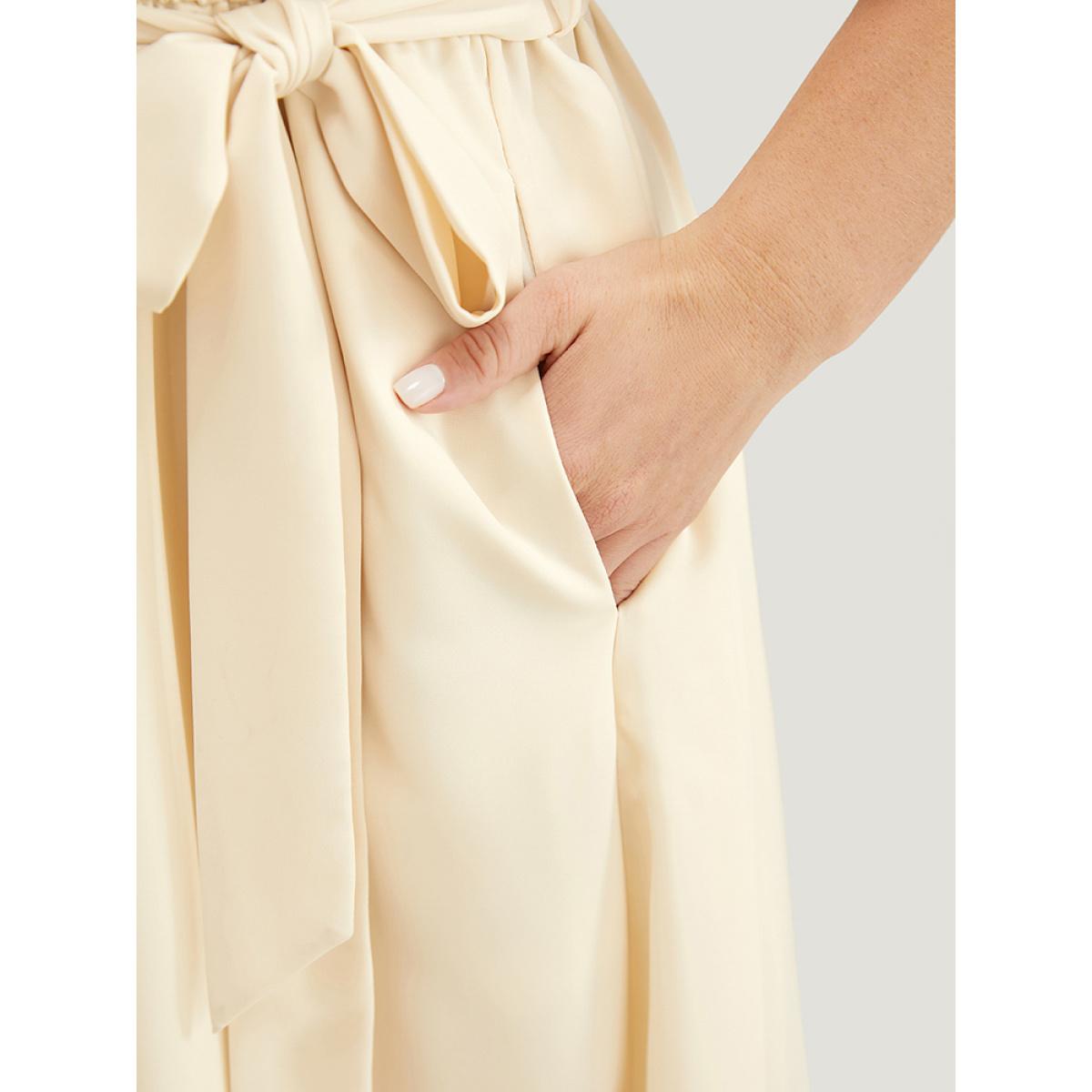 Plus Size Solid Chain Detail Cut Out Pocket Belted Flutter Dress Beige Women Office Cross straps V-neck Short sleeve Curvy Midi Dress BloomChic 30/6X Product Image