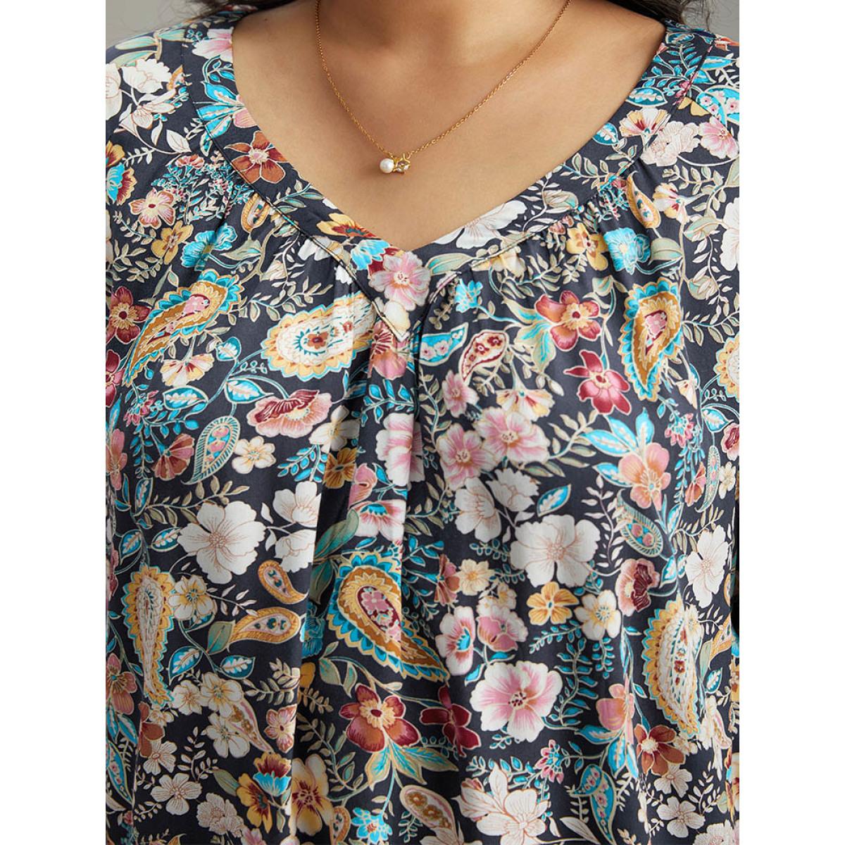 Plus Size Indigo Paisley Lantern Sleeve Gathered Blouse Women Elegant Long Sleeve V-neck Dailywear Blouses BloomChic 28/5X Product Image