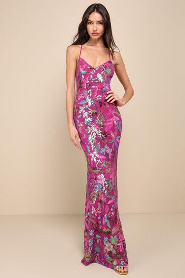 Glittering Icon Magenta Iridescent Sequin Lace-Up Maxi Dress Product Image