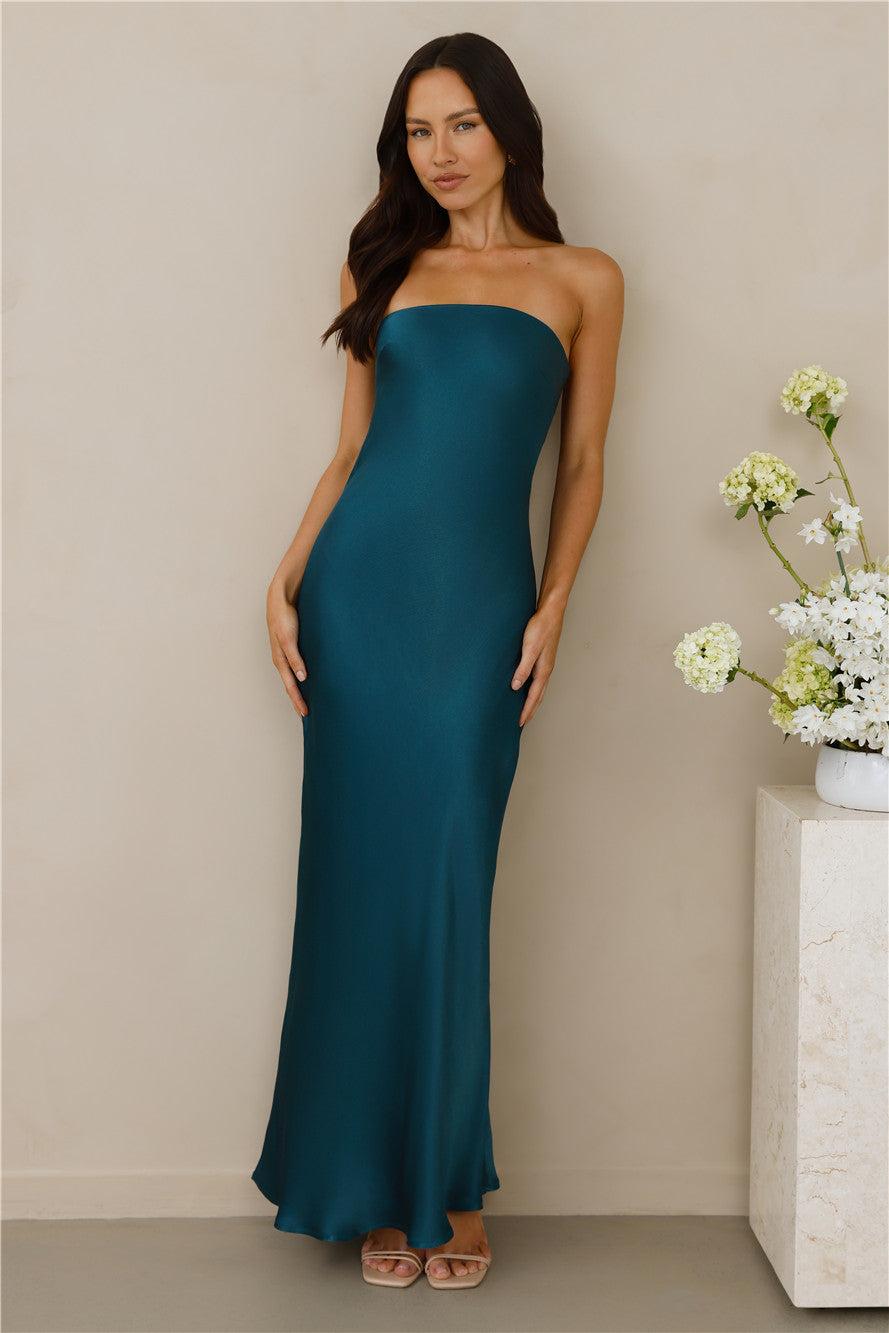 The Felicity Strapless Satin Maxi Dress Teal Product Image