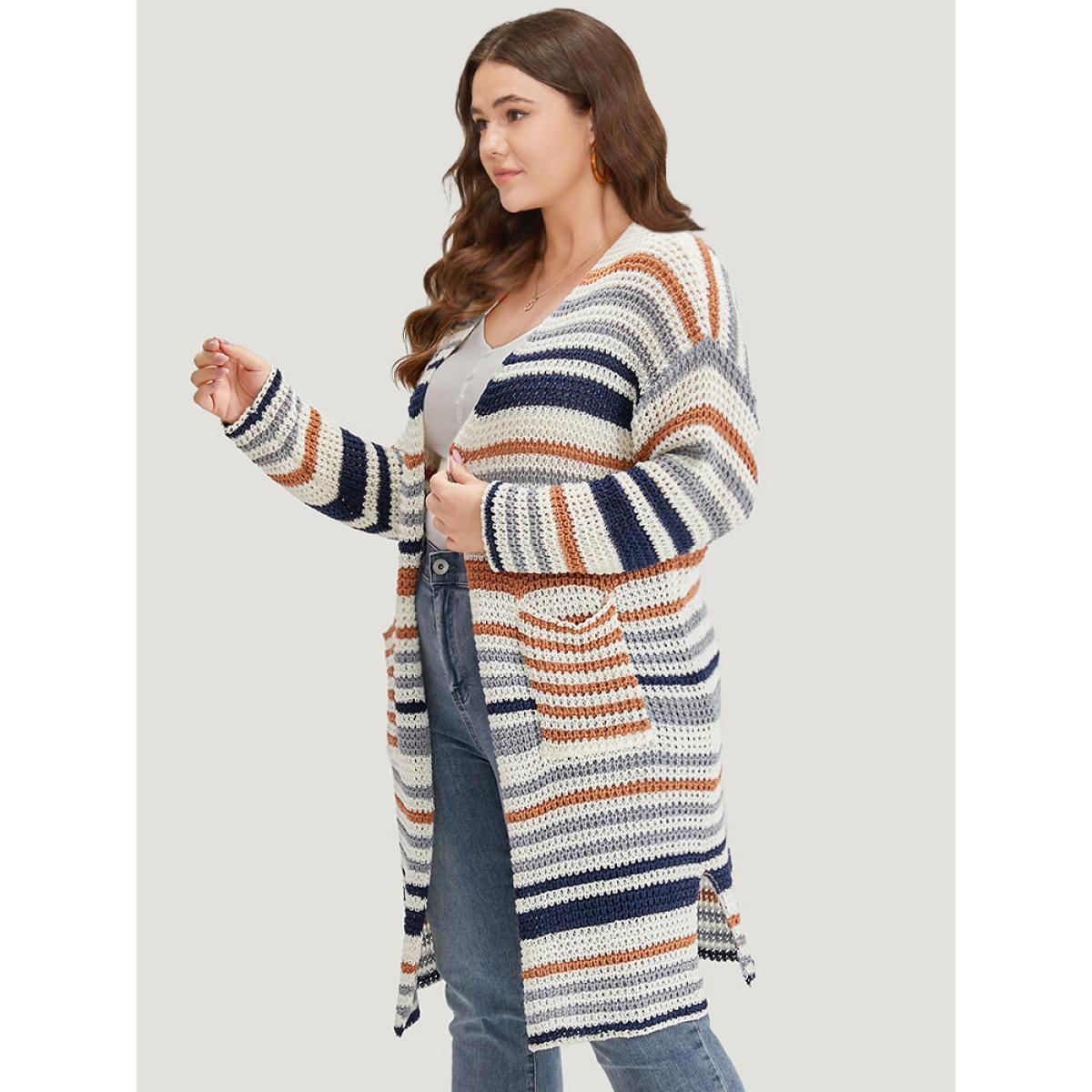 Plus Size Contrast Striped Patched Pocket Split Side Cardigan Multicolor Women Casual Loose Long Sleeve Dailywear Cardigans BloomChic 12/L Product Image