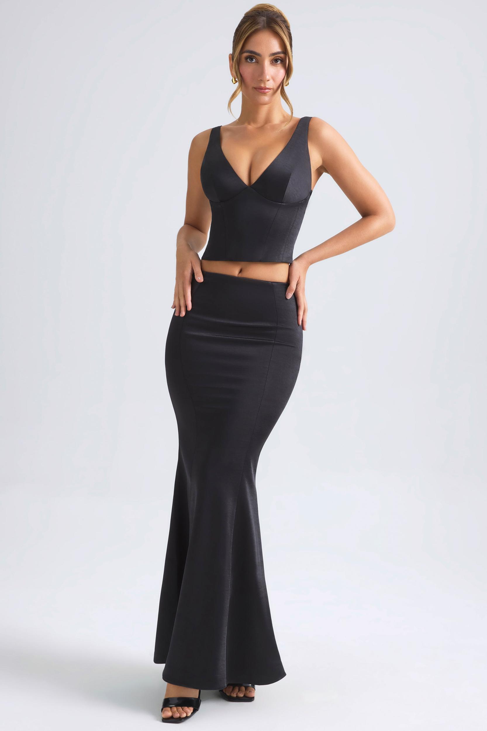 Mid-Rise Fishtail Maxi Skirt in Black Product Image