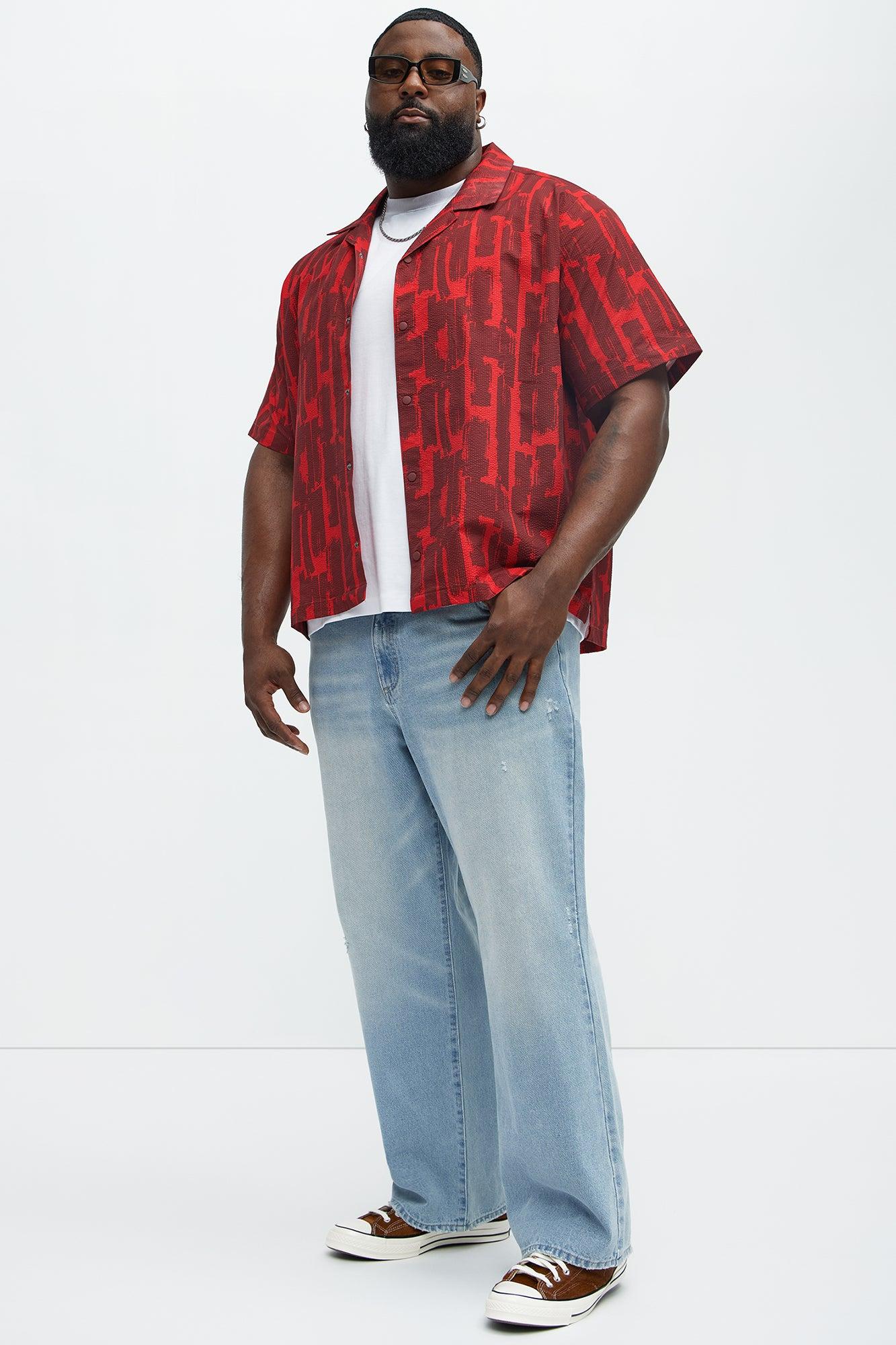 Seersucker Printed Short Sleeve Cuban Collar Shirt - Red/combo Product Image
