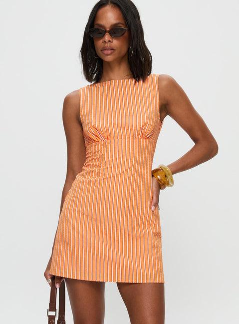 Ellesandra Boat Neck Mini Dress Orange Stripe Product Image