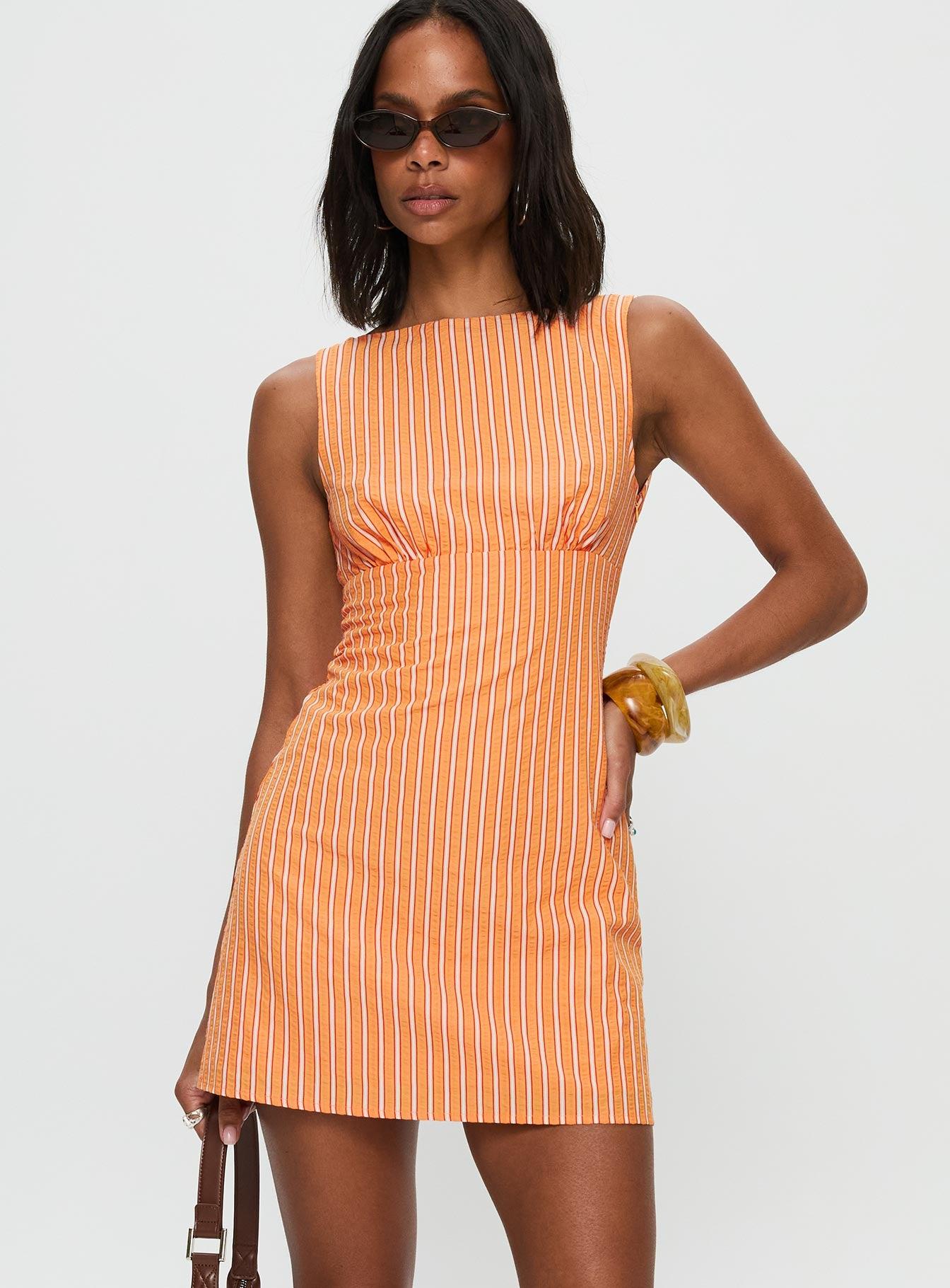 Ellesandra Boat Neck Mini Dress Orange Stripe Product Image