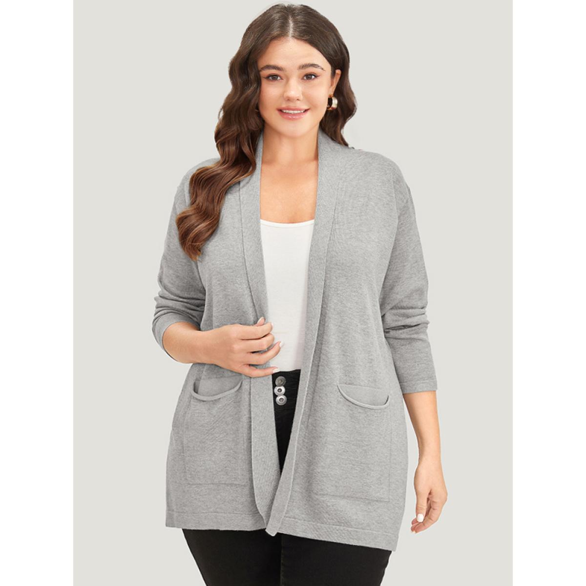 Plus Size Supersoft Essentials Plain Lapel Collar Patched Pocket Cardigan DarkGray Women Basics Loose Long Sleeve Everyday Cardigans BloomChic 28/5X Product Image