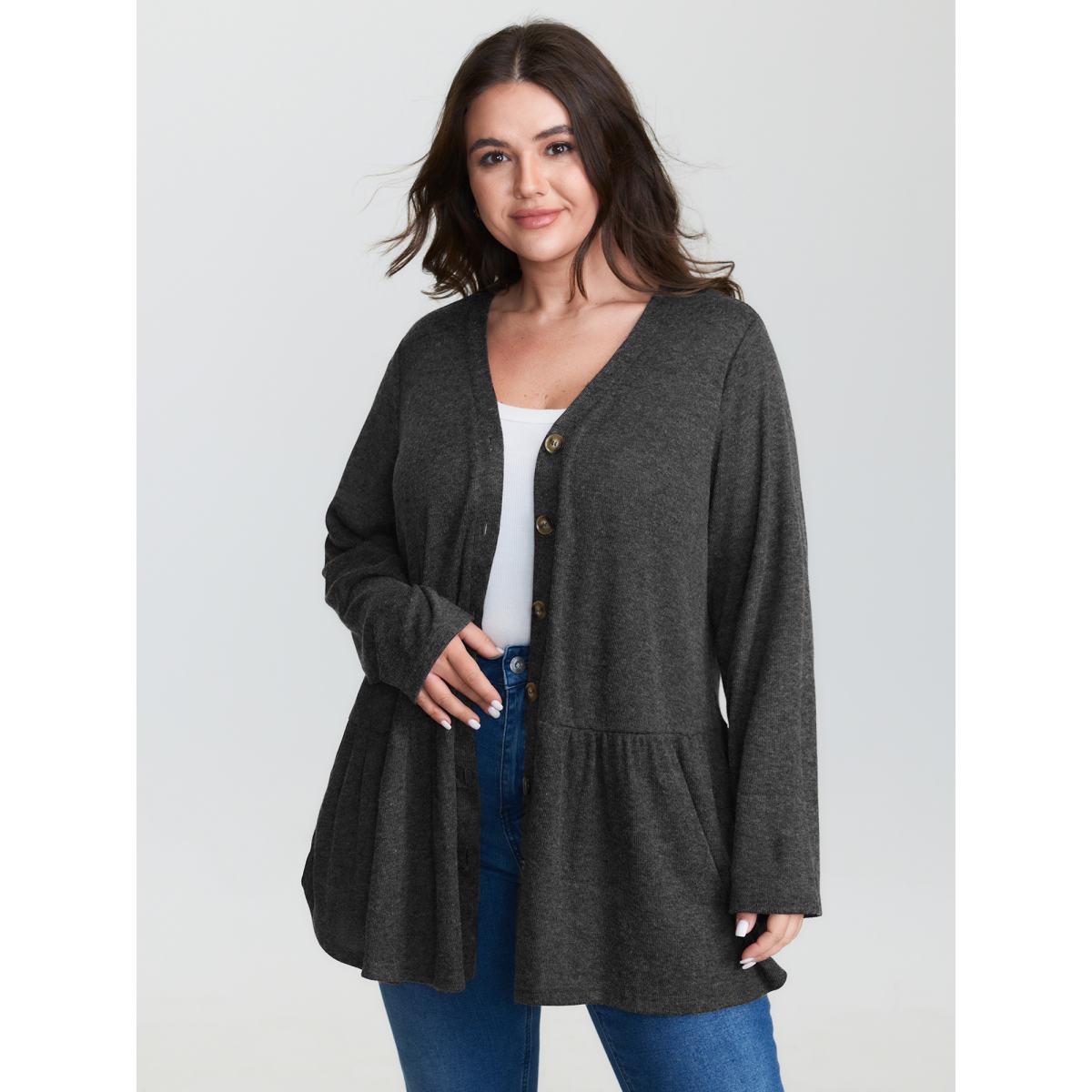 Plus Size Textured Ruffled Hem Button Blouse Women DimGray Gathered Side seam pocket Casual Jackets BloomChic 10/M Product Image
