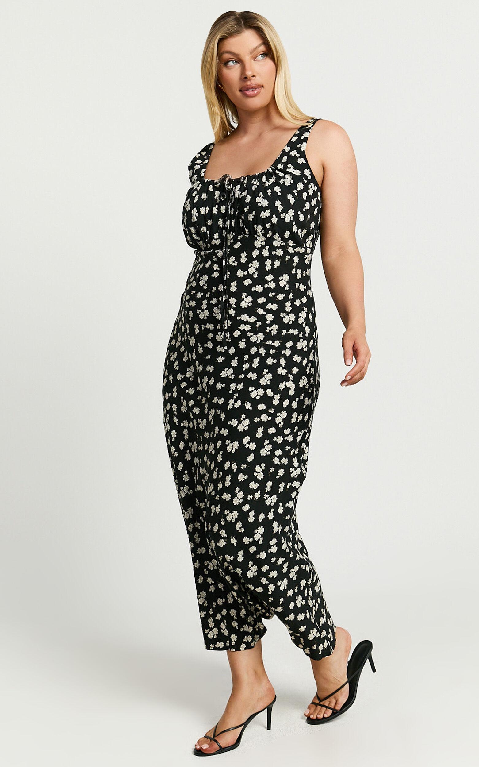 Elanora Midi Dress - Scoop Neck Keyhole Front Empire Waist Bias Cut Slip Dress in Black Wildflower Product Image