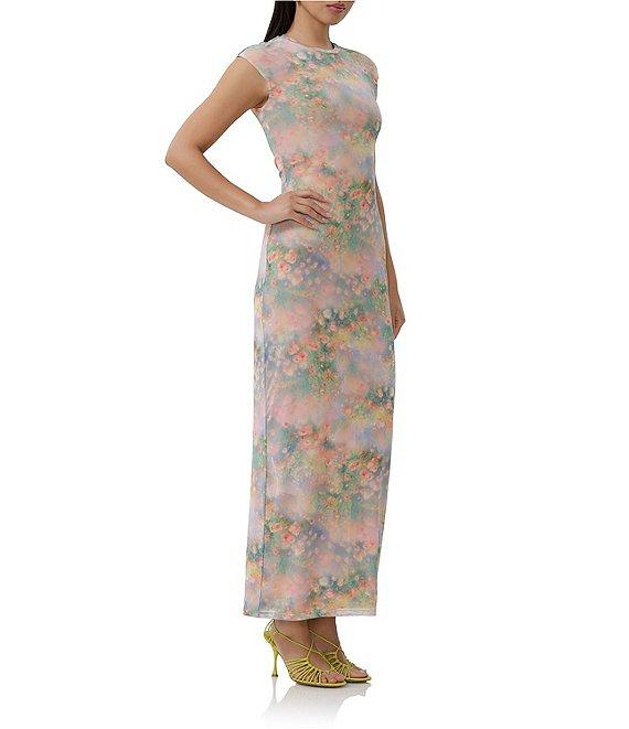 AFRM Cody Floral Print Mesh Crew Neck Cap Sleeve Maxi Dress Product Image