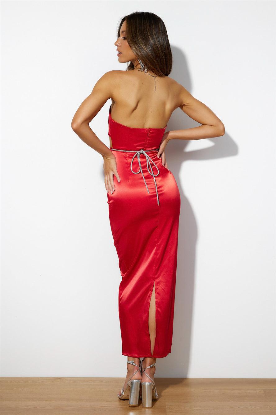 Diamanté Dreams Silky Midi Dress Red Product Image
