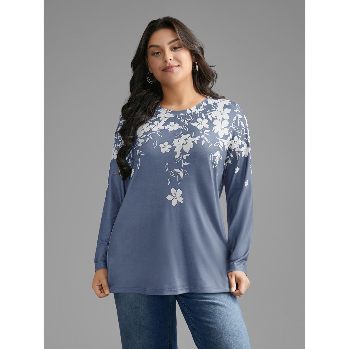 Plus Size Round Neck Boho Print T-Shirt Stone Women Casual Contrast Natural Flowers Round Neck Everyday T-shirts BloomChic 14-16/1X Product Image