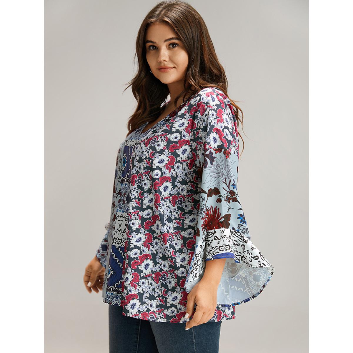 Plus Size Stone Bandana Print Patchwork Bell Sleeve Blouse Women Elegant Long Sleeve V-neck Vacation Blouses BloomChic 22-24/3X Product Image