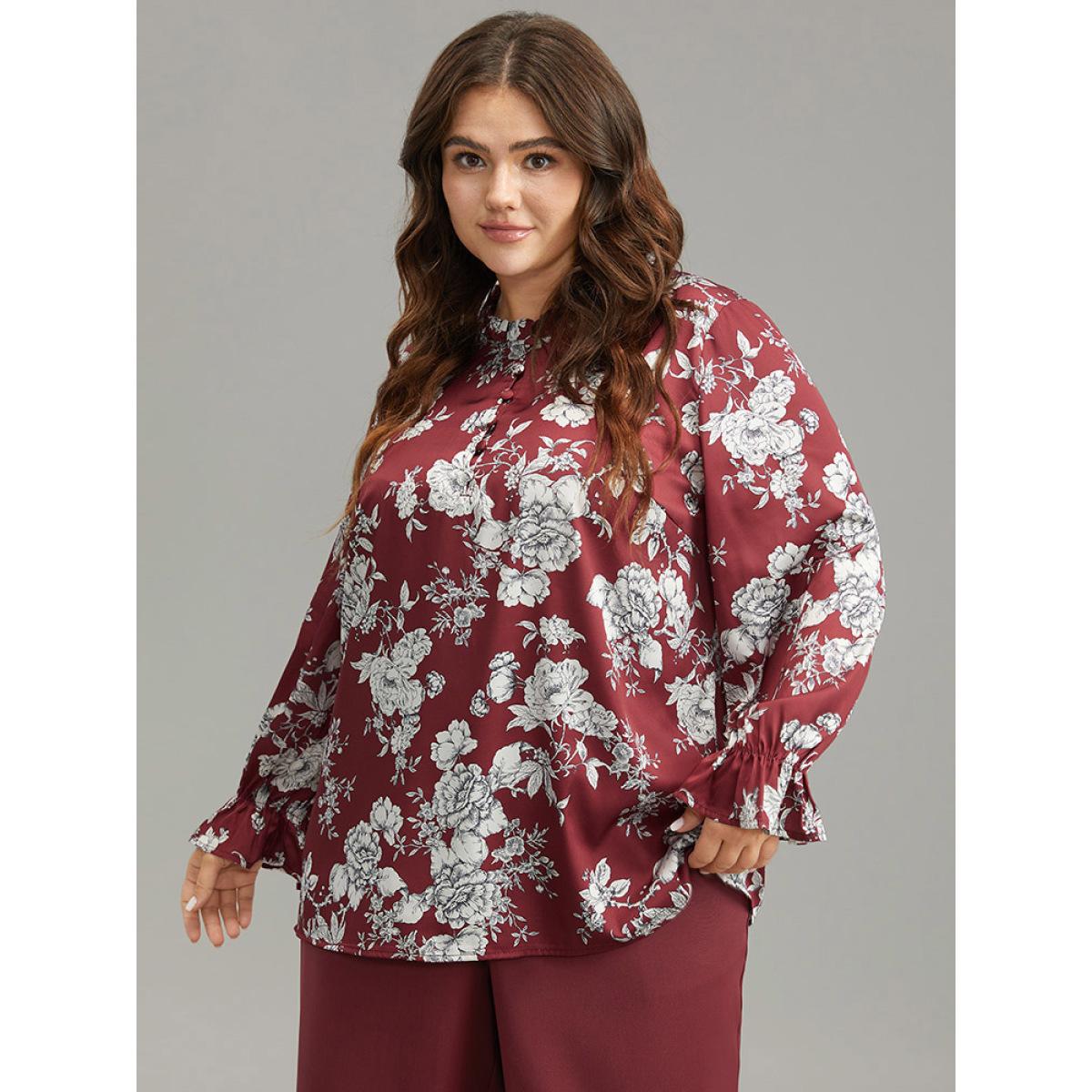 Plus Size Scarlet Silhouette Floral Print Frill Trim Button Detail Blouse Women Elegant Long Sleeve Round Neck Dailywear Blouses BloomChic 26/4X Product Image