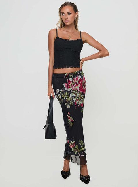Paganio Maxi Skirt Black Floral Product Image