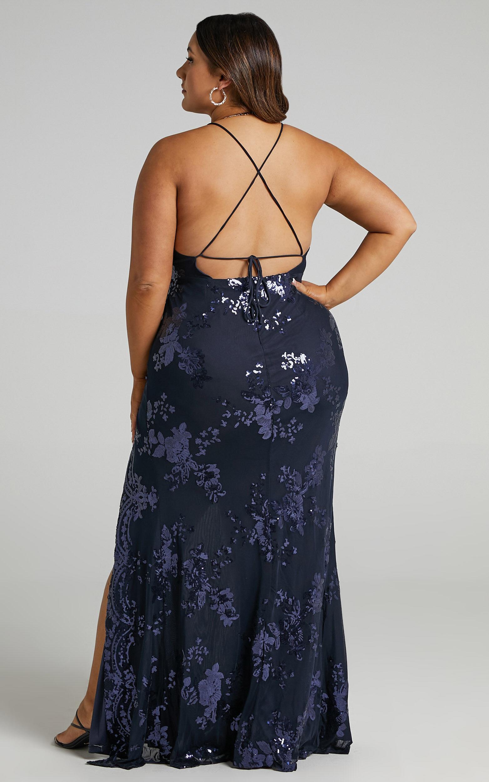 Out Till Dawn Maxi Dress - Thigh Split Dress in Navy Sequin Product Image