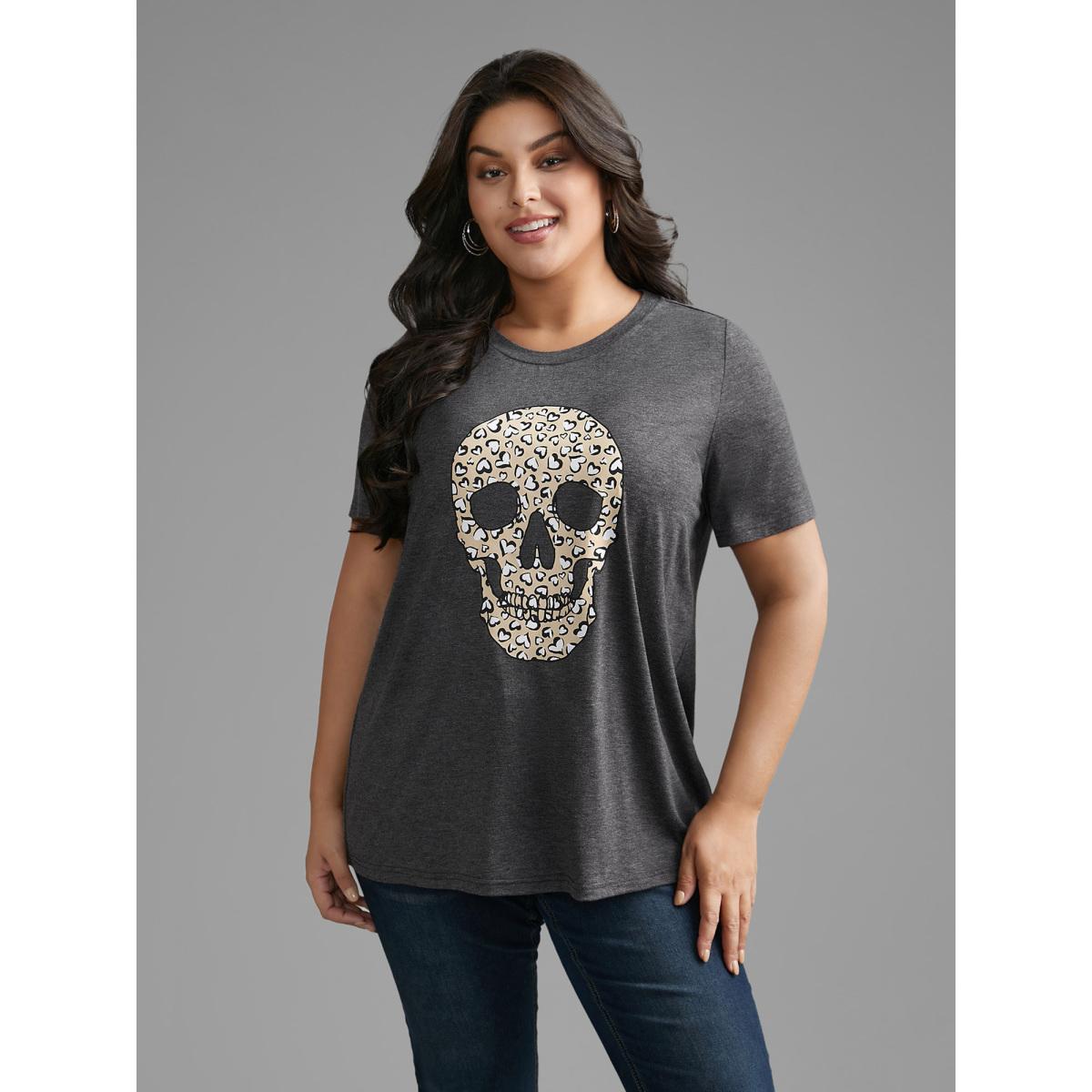 Plus Size Crew Neck Skull Leopard Print T-shirt DimGray Women Casual Non Art&design Round Neck Everyday T-shirts BloomChic 12/L Product Image