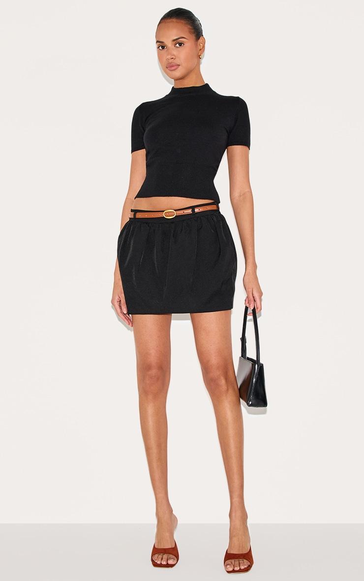 Black Woven Belted Tulip Mini Skirt Product Image