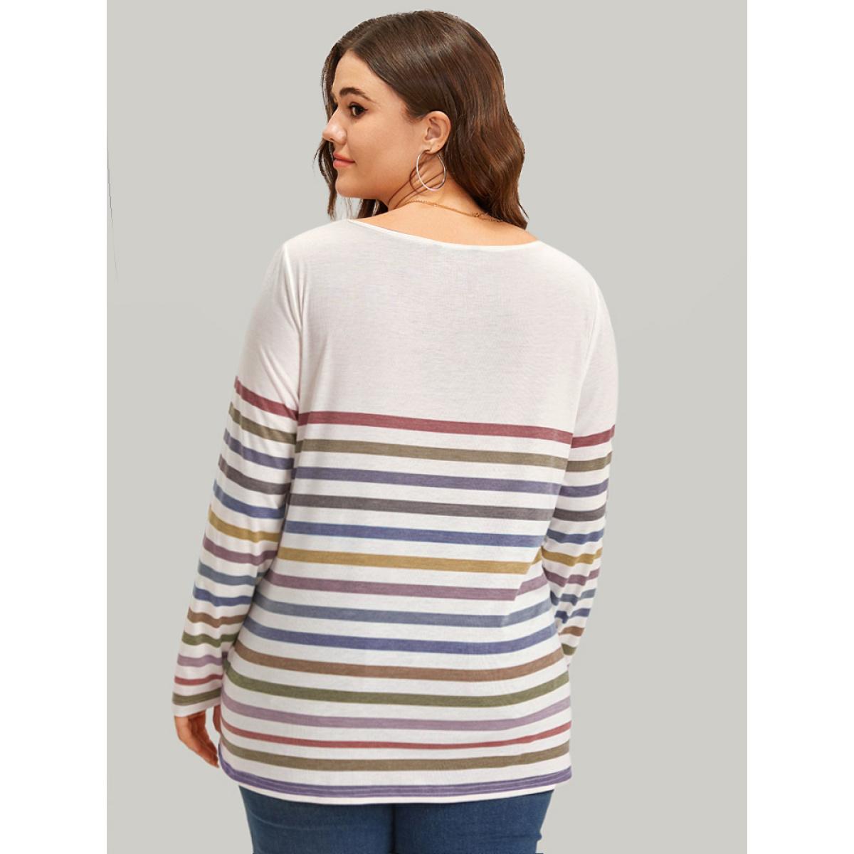 Plus Size Striped V Neck Button Detail Raglan Sleeve T-shirt White Women Casual Button Striped V-neck Dailywear T-shirts BloomChic 14-16/1X Product Image
