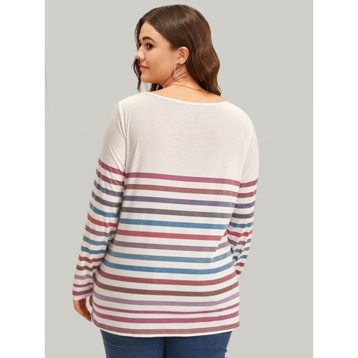 Plus Size Striped V Neck Button Detail Raglan Sleeve T-shirt Multicolor Women Casual Button Striped V-neck Dailywear T-shirts BloomChic 26/4X Product Image