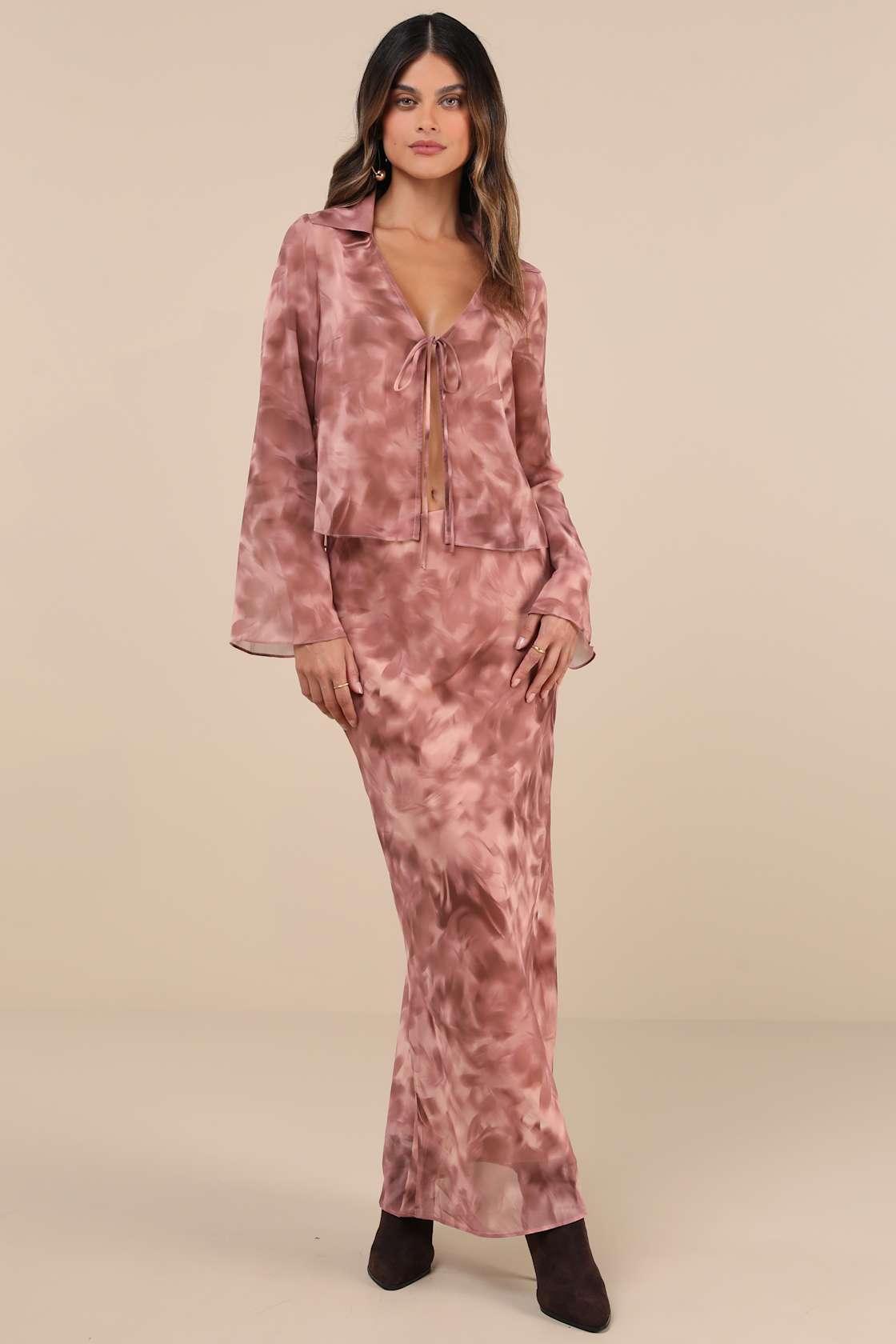 Ethereal Aesthetic Mauve Abstract High-Rise Maxi Skirt Product Image