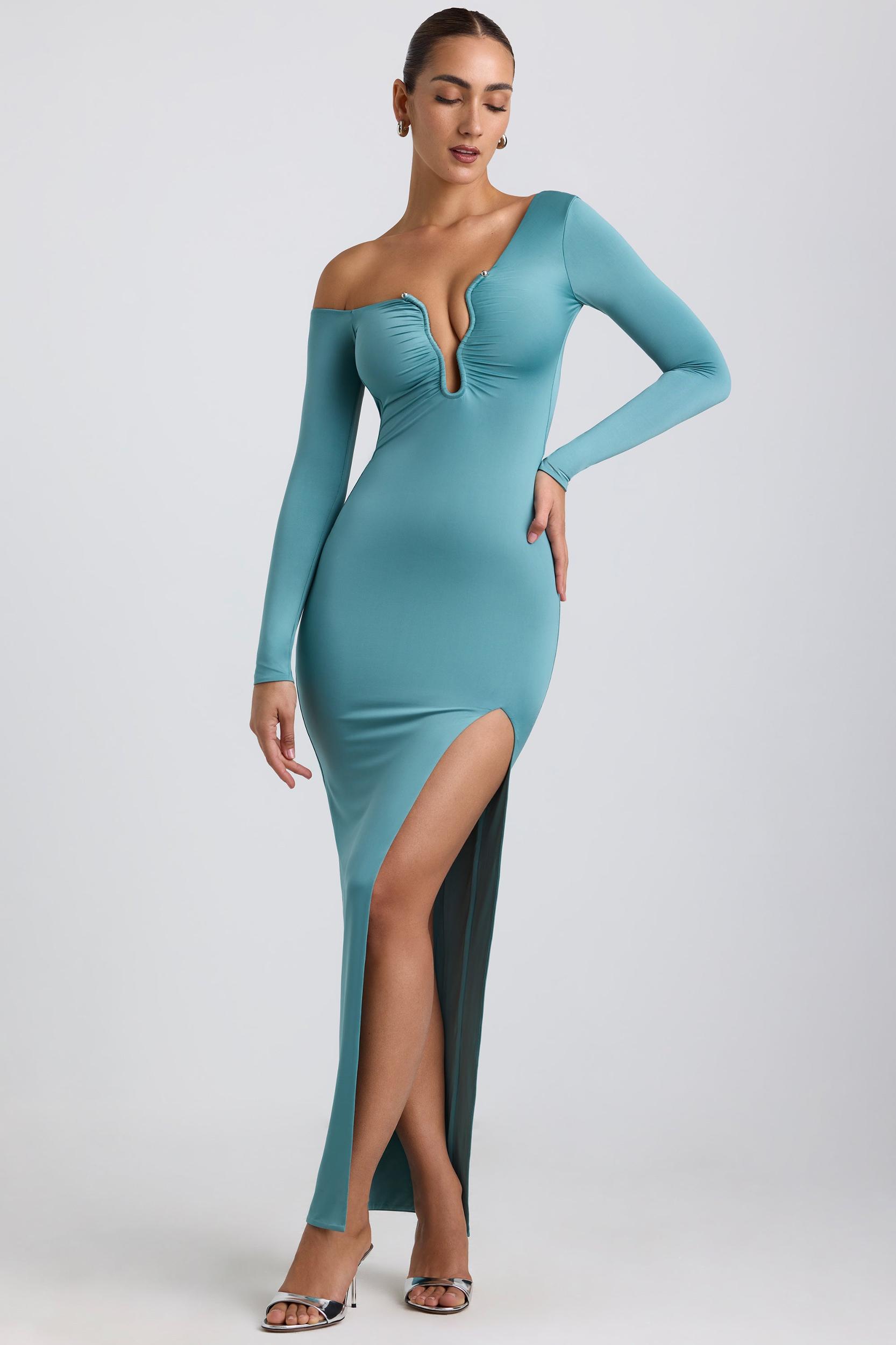 Slinky Jersey Asymmetric Ruched Hardware Detail Maxi Dress in Sea Green Product Image