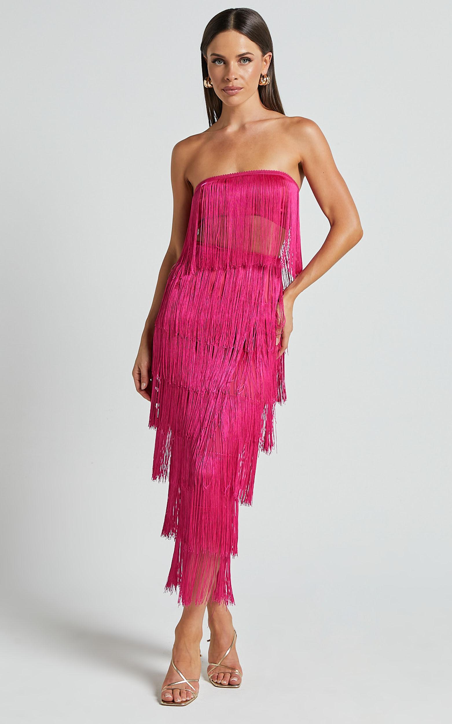 Amalee Two Piece Set - Fringe Strapless Crop Top and Midi Skirt Set in Pink Product Image