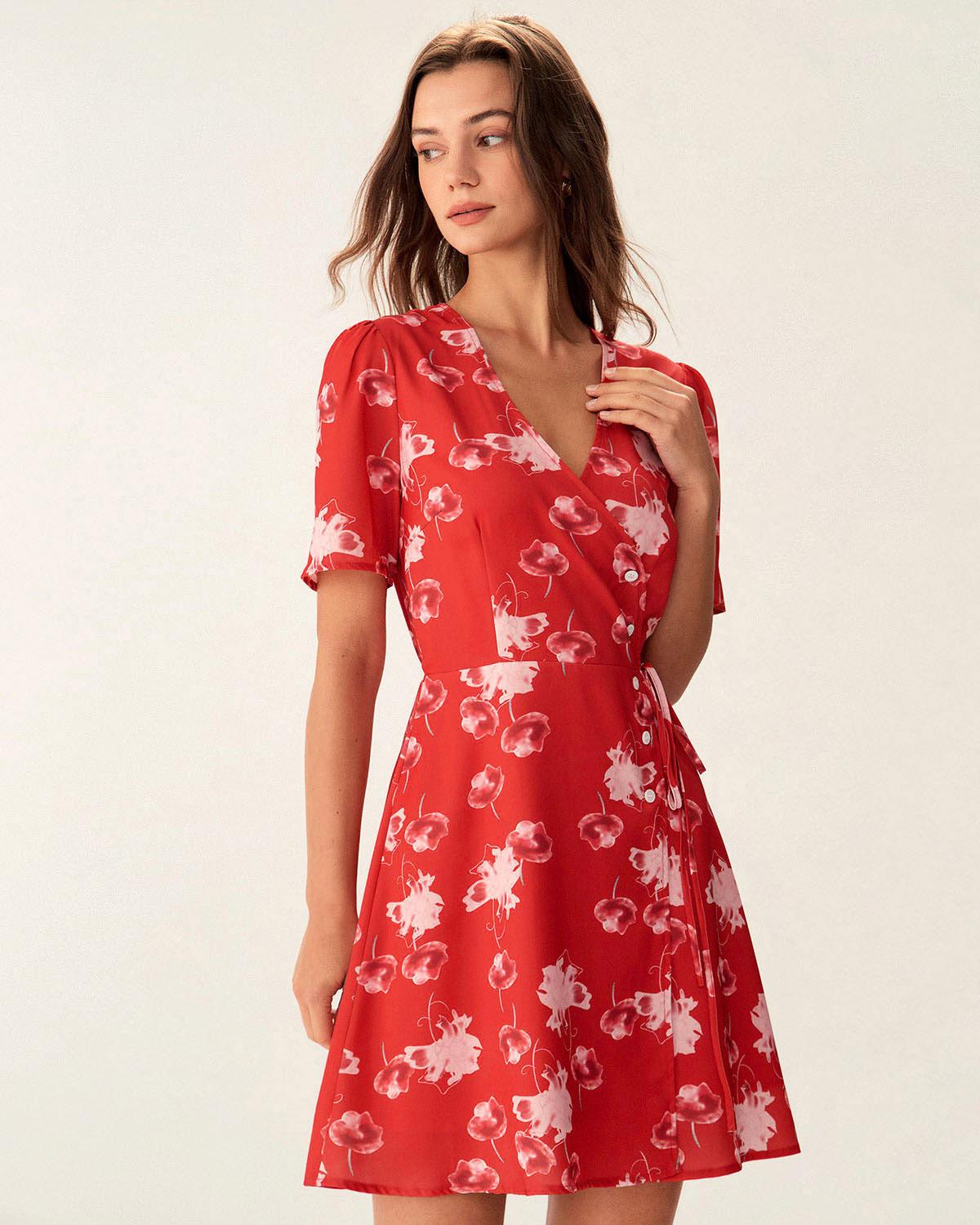 Red Floral A-Line Wrap Mini Dress Product Image