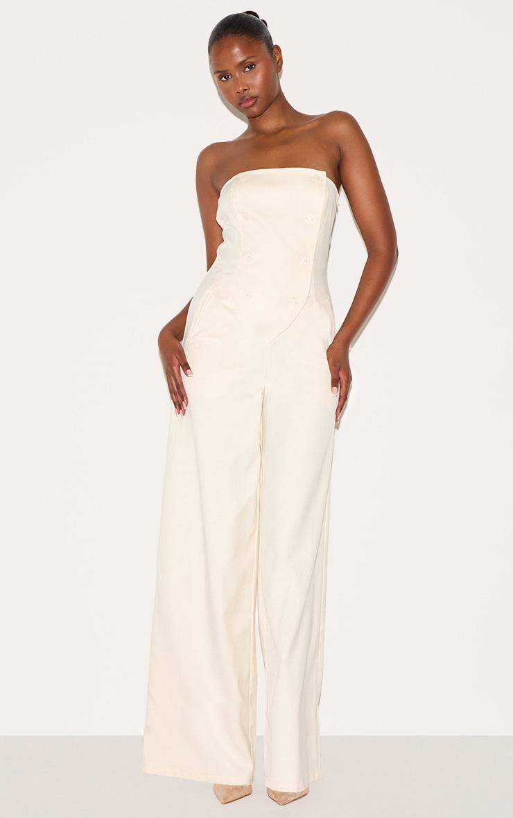 Cream Tailored Woven Button Up Wide Leg Bandeau Jumpsuit Product Image