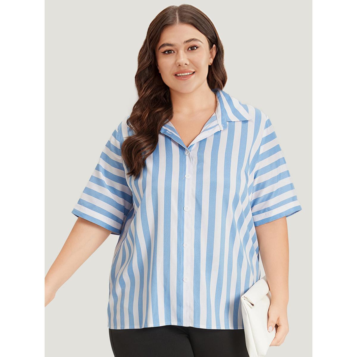 Plus Size Multicolor Striped Shirt Collar Button Through Blouse Women Vacation Half Sleeve Shirt collar Work Blouses BloomChic 10/M Product Image