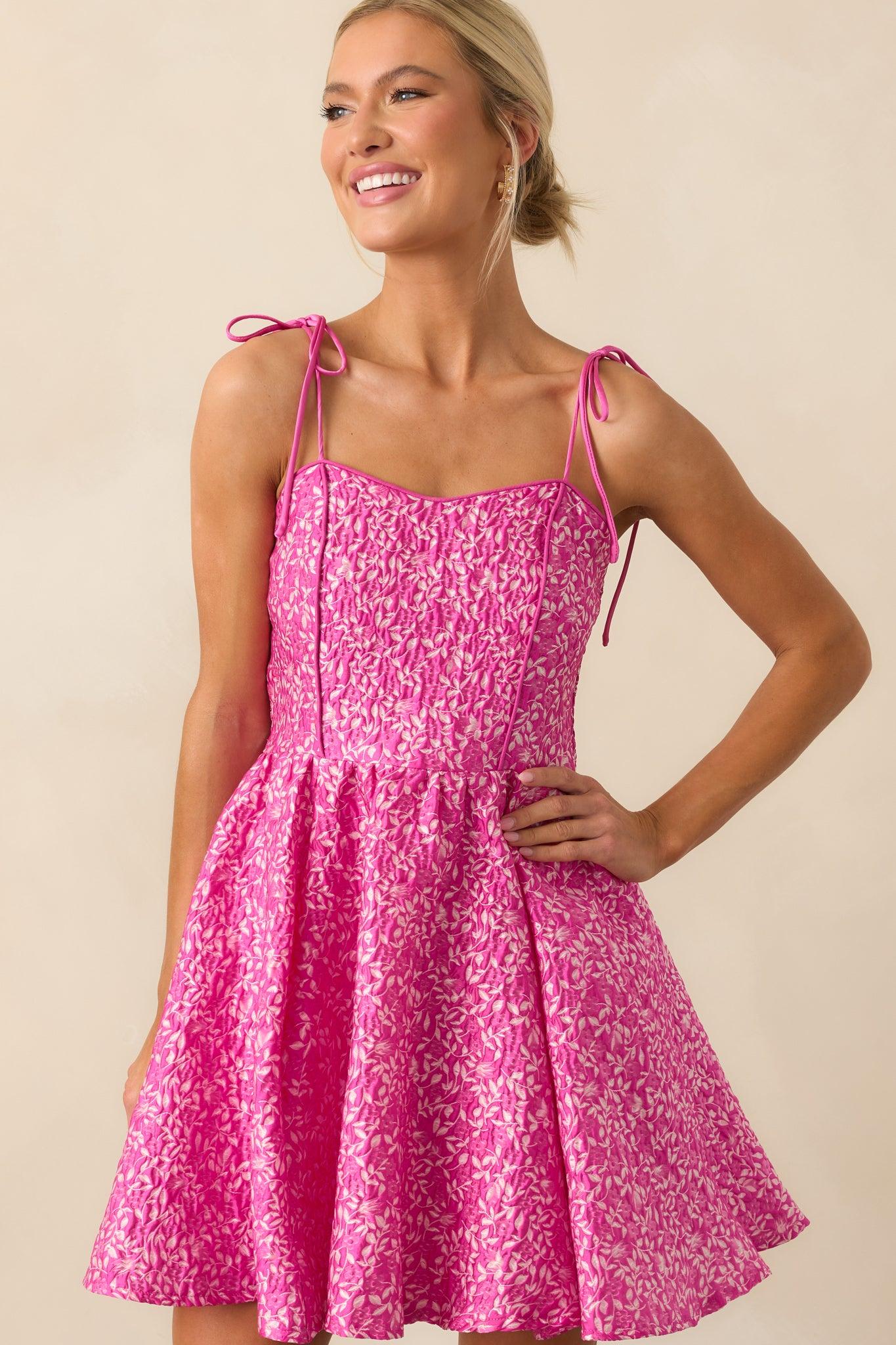 Steal The Scene Fuchsia Pink Floral Jacquard Mini Dress Product Image