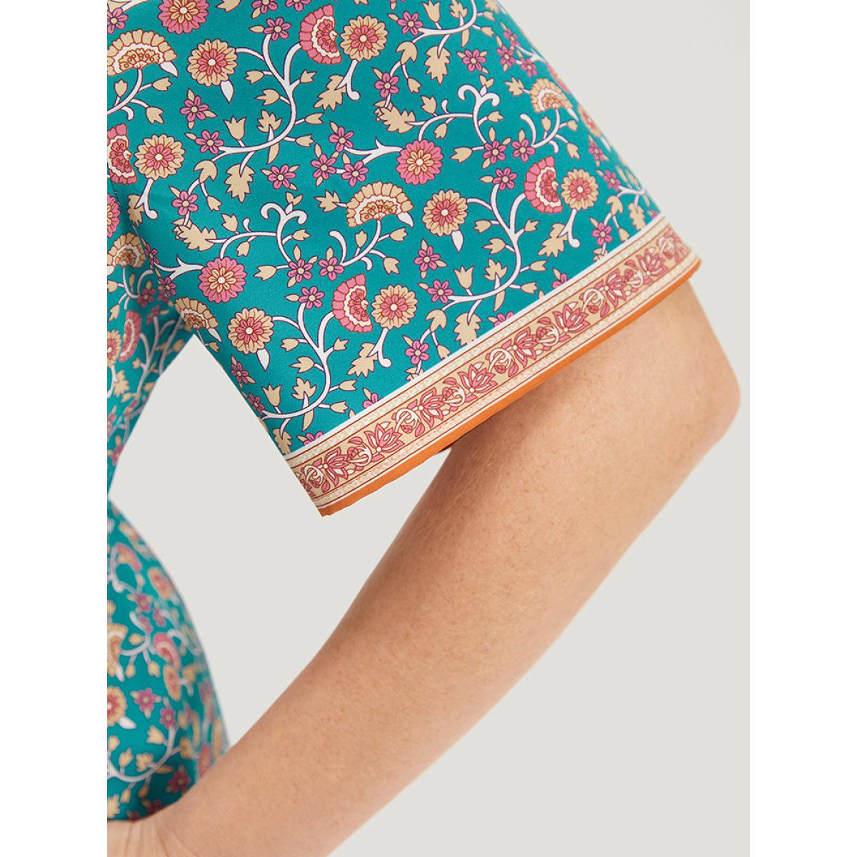 Plus Size Floral Print Button Detail Elastic Waist Patchwork Dress Emerald Women Vacation Gathered V-neck Short sleeve Curvy Midi Dress BloomChic 28/5X Product Image