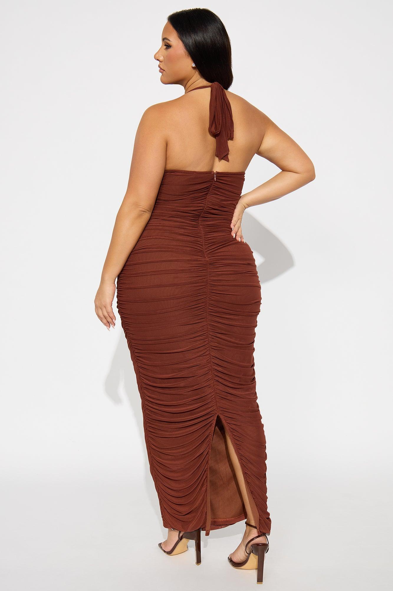 Julia Ruched Mesh Maxi Dress - Brown Product Image